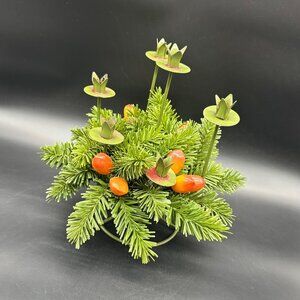 Vintage Christmas Candle Holder Centerpiece Metal Faux Pine Greenery Green 1960s